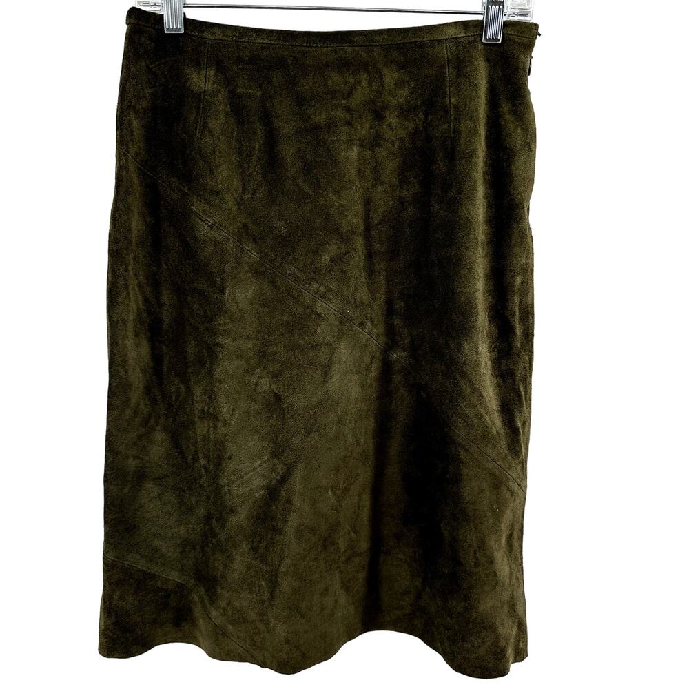 INC International Concepts Leather Skirt Knee Length High Waist Olive Green 4
